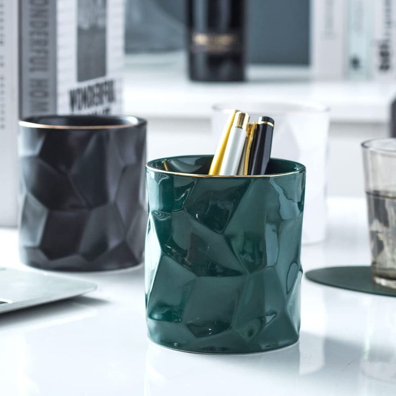 YOSCO Ceramic Irregular Round Pen Holder For Desk Cute Stand Gold Line Aesthetic Pencil Cup Pot Desk Organizer for Men Women Makeup Brush Holder (Black) - Image 5